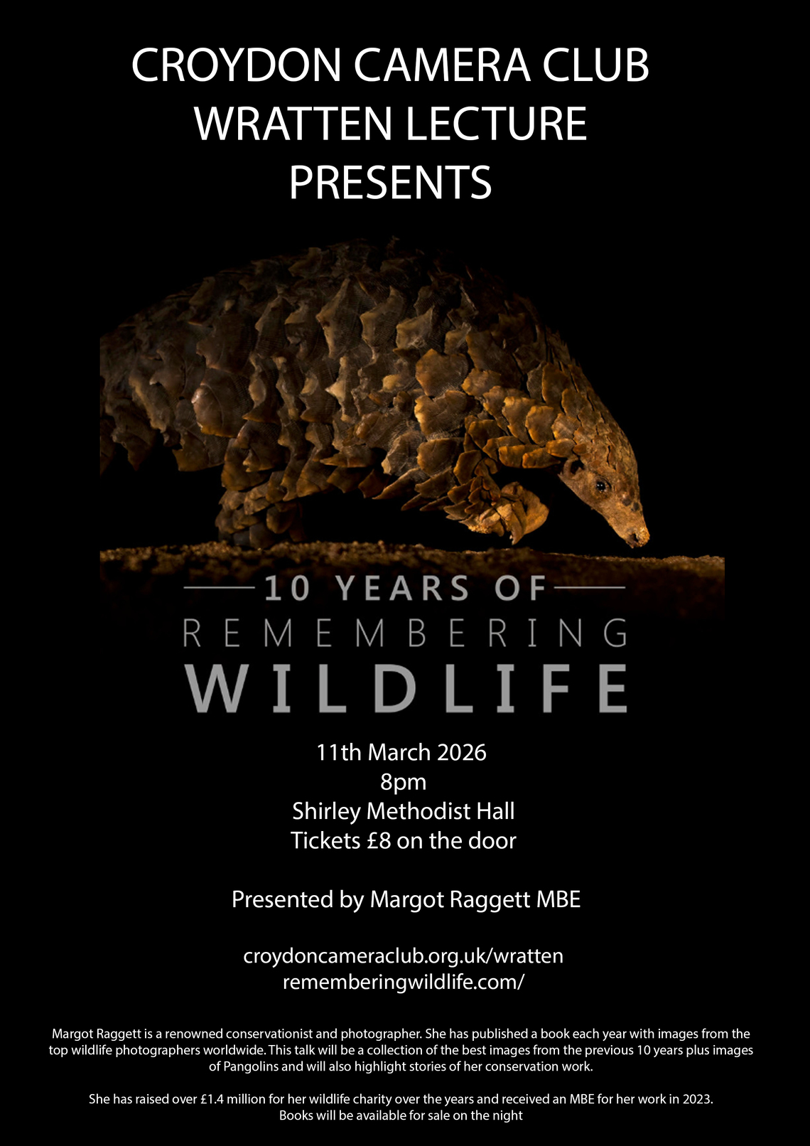 Poster advertising Croydon Camera Club's Wratten Lecture: Remembering Wildlife. 