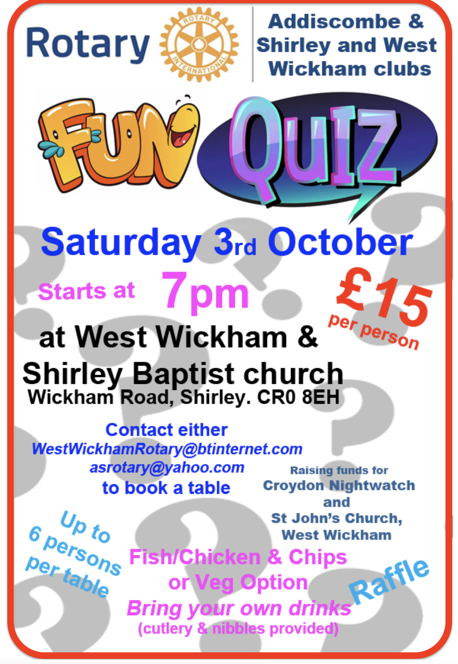 Poster for Addiscombe and Shirley and West Wickham Rorary Quiz