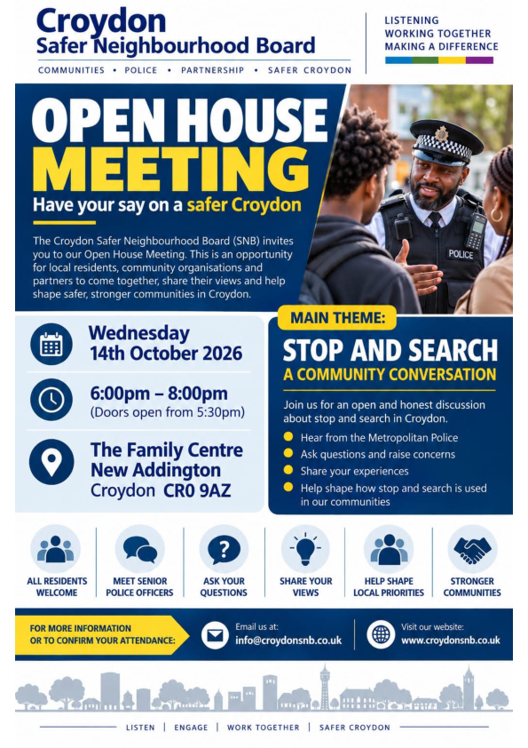 Croydon Safer Neighbourhood Board Open House Meeting flyer